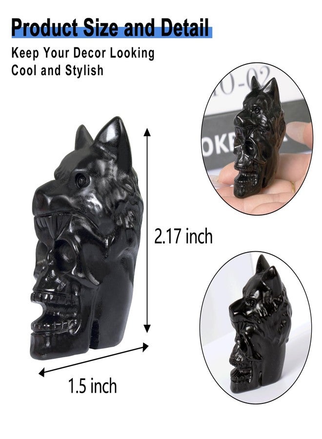 Ytbeoxk 2.17 Inch Crystal Skull with Wolf Head Figurine Decor, Black Obsidian Skull with Wolf Head Statue Decor for Home Office Desk, Hand Carved Healing Crystal Animal Statues Gifts for Women Men - Image 2